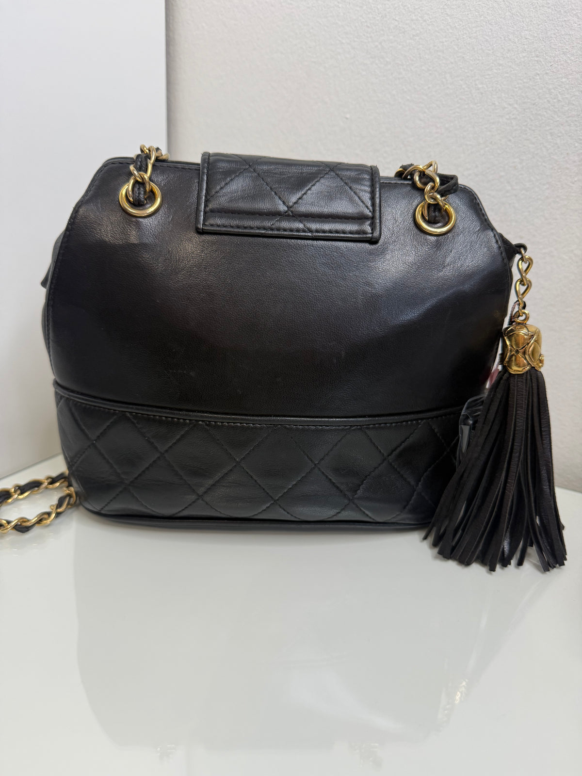 Chanel Vintage Black Lambskin Quilted CC Tassel Bucket Shoulder Bag