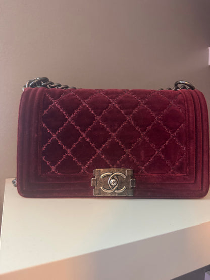 Chanel Velvet Tweed Quilted Medium Boy Flap Burgundy