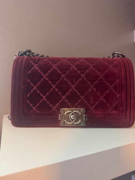 Chanel Velvet Tweed Quilted Medium Boy Flap Burgundy