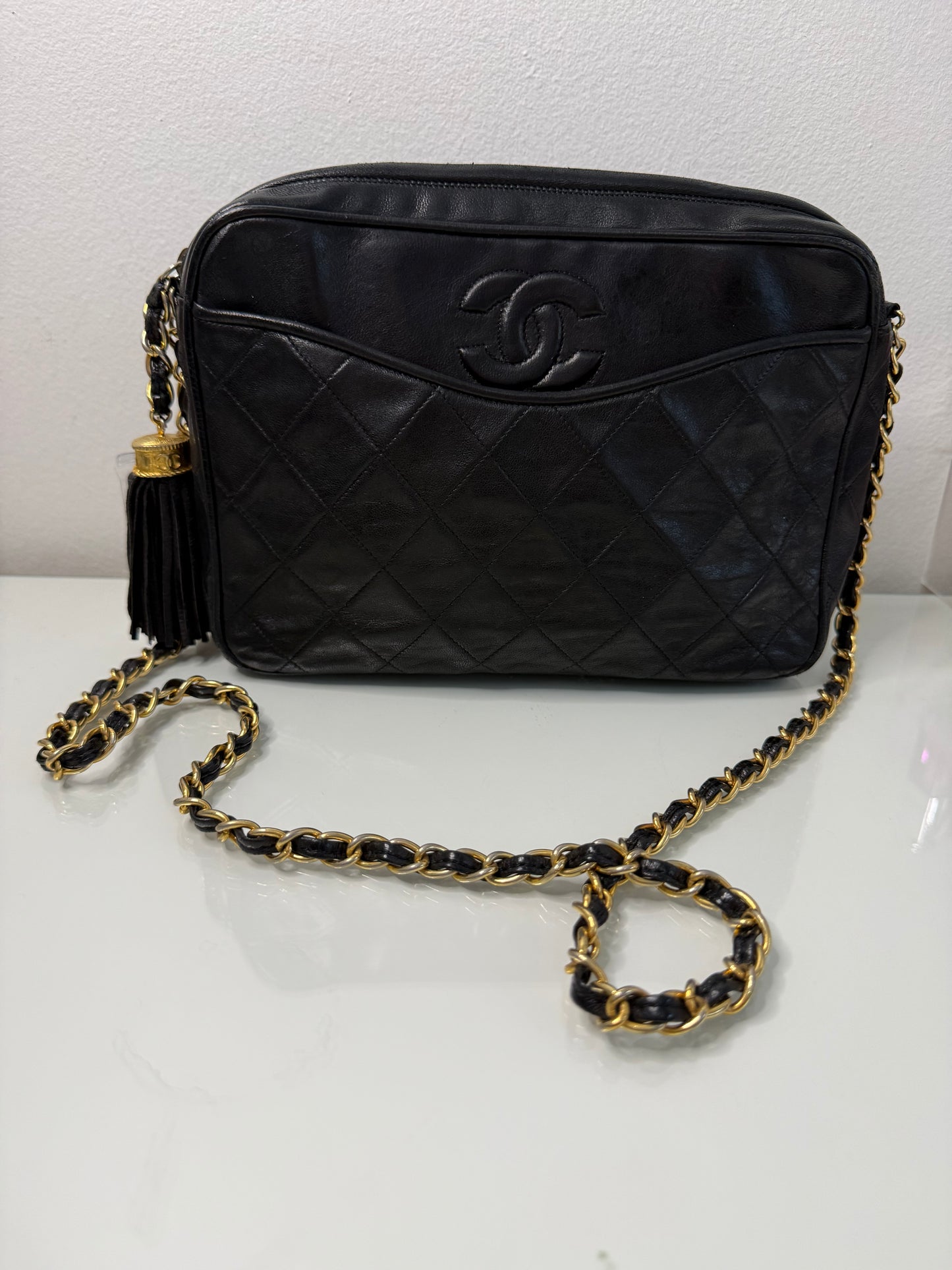 Chanel Vintage Tassel Quilted Black Camera Bag