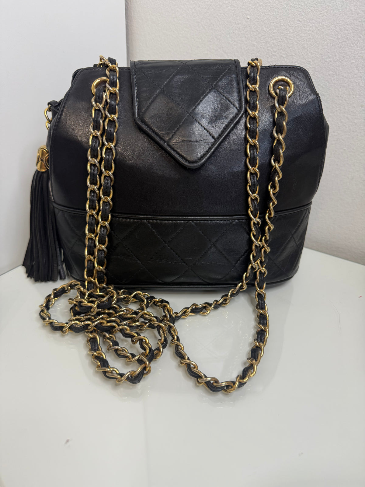 Chanel Vintage Black Lambskin Quilted CC Tassel Bucket Shoulder Bag