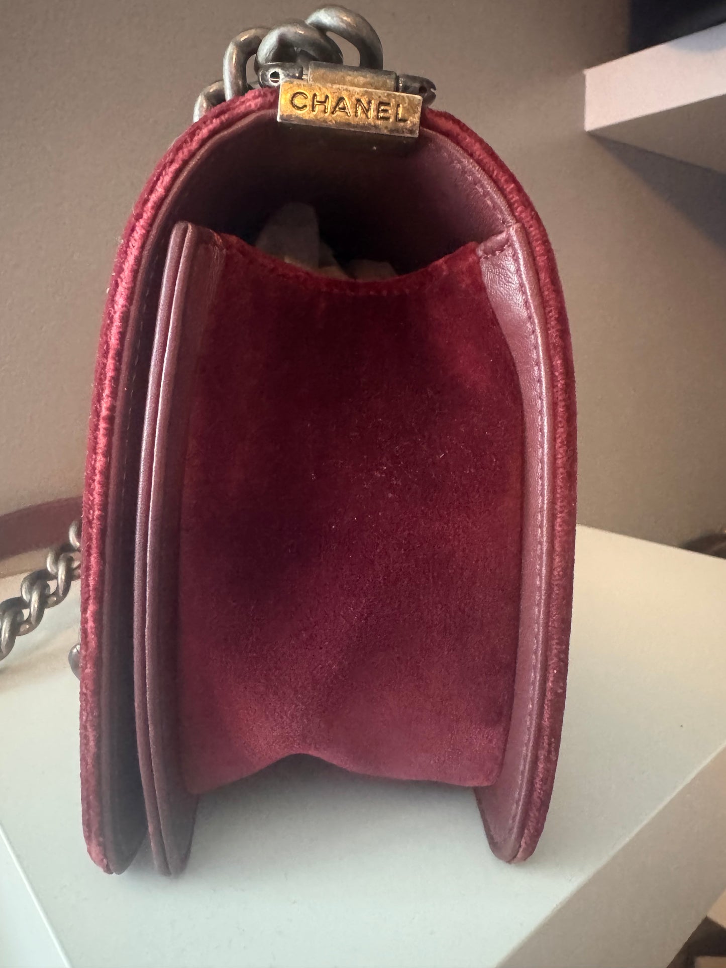 Chanel Velvet Tweed Quilted Medium Boy Flap Burgundy