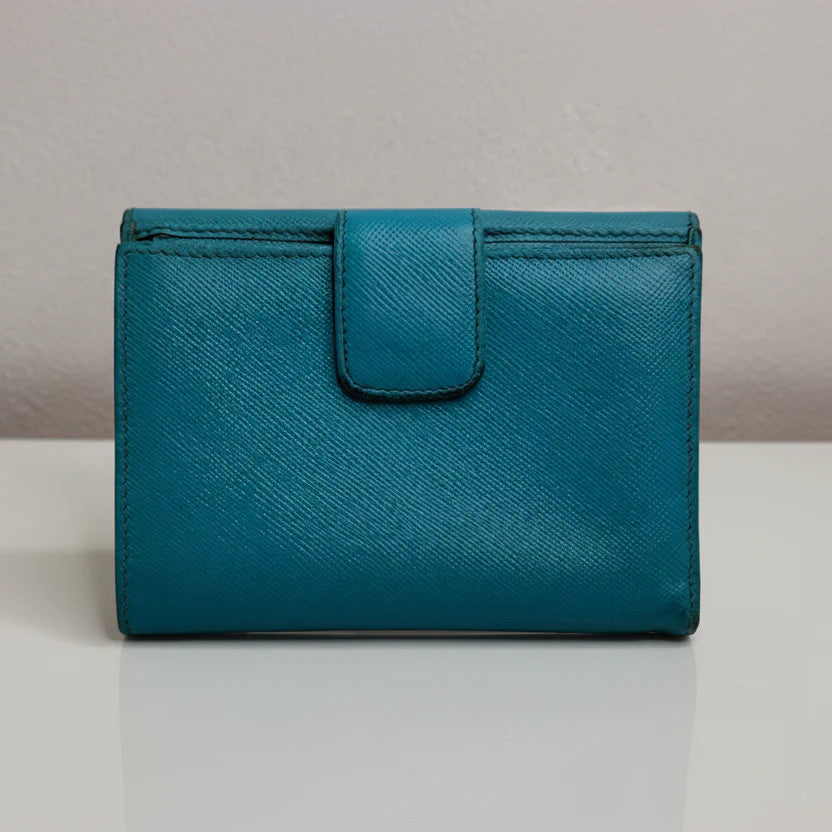 Prada Aqua Blue Saffiano Leather Flap Card Holder
