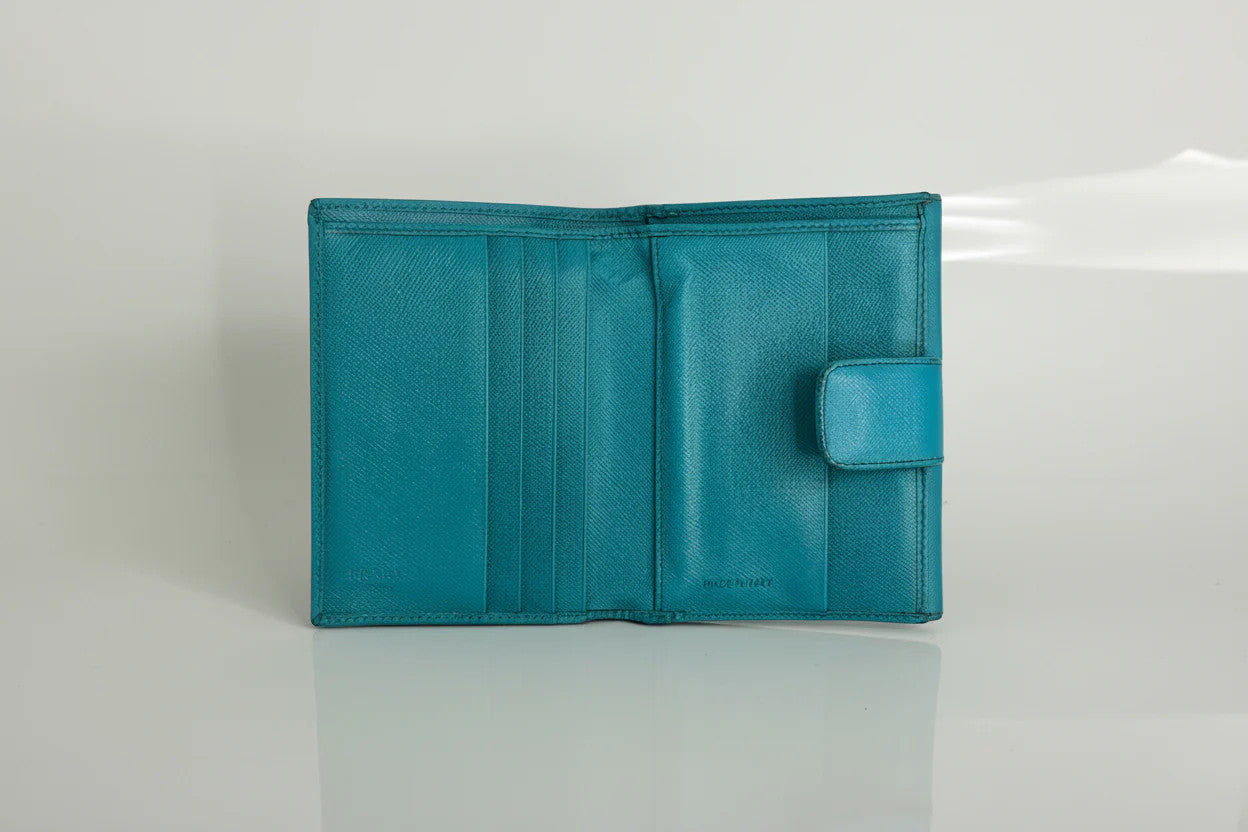 Prada Aqua Blue Saffiano Leather Flap Card Holder