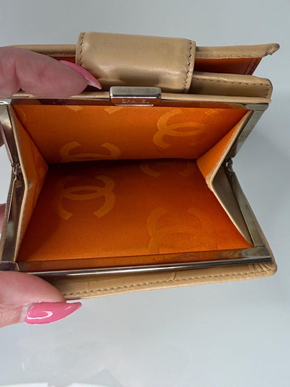 Chanel Cambon Ligne Kiss Lock Compact Beige with Orange Interior Wallet