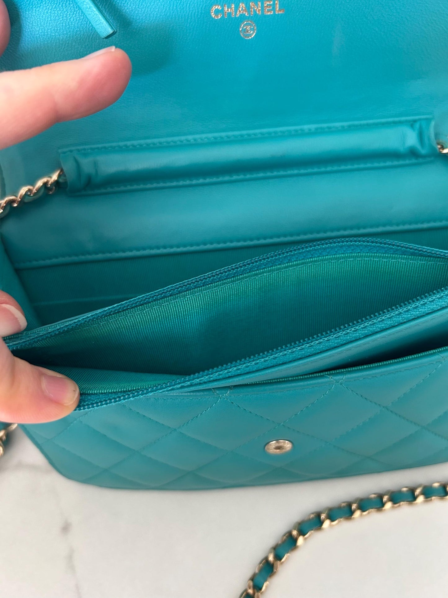 Chanel Classic Wallet On Chain in Teal Quilted  Lamskin Leather