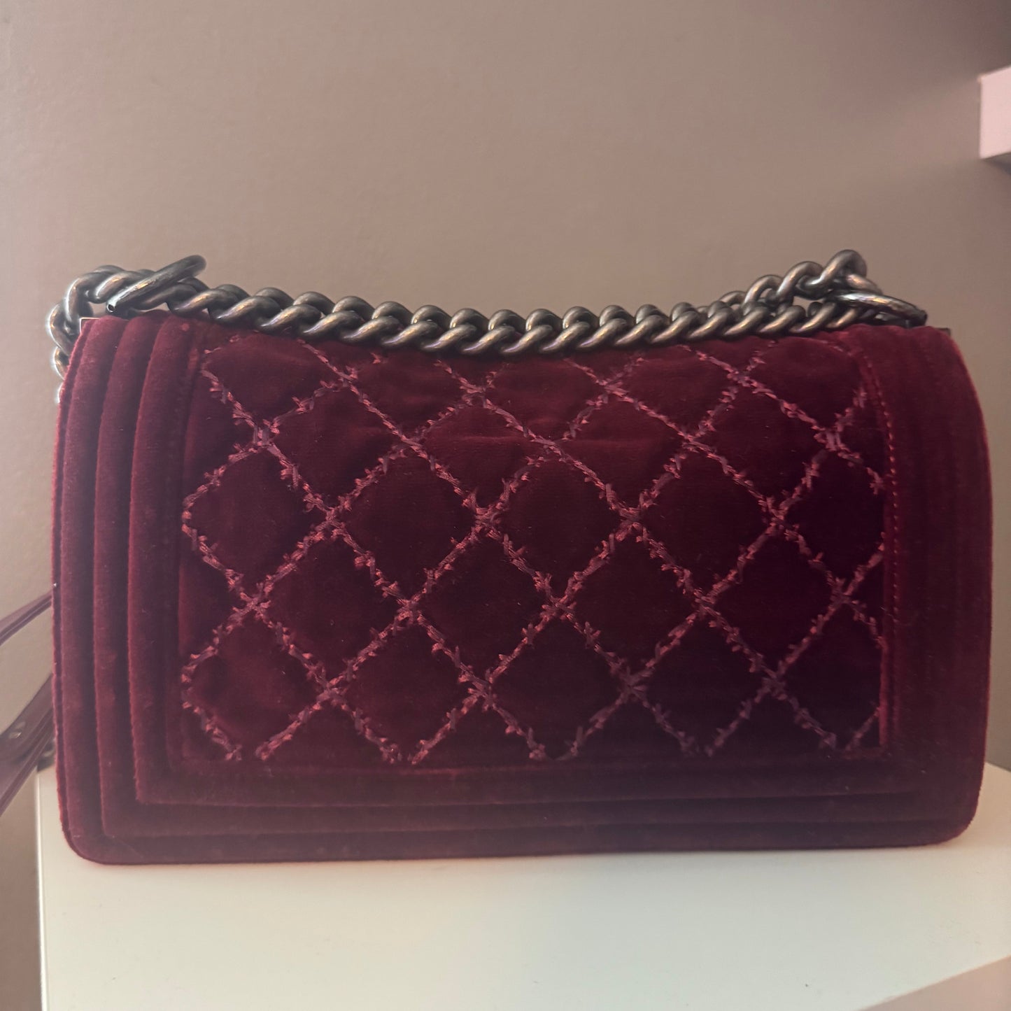 Chanel Velvet Tweed Quilted Medium Boy Flap Burgundy
