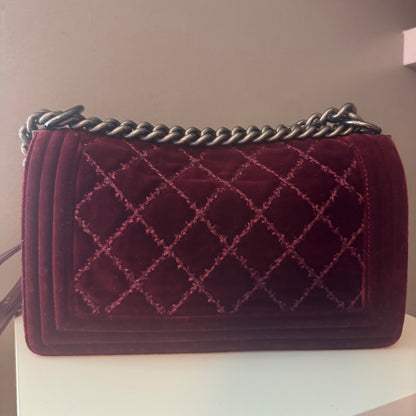 Chanel Velvet Tweed Quilted Medium Boy Flap Burgundy