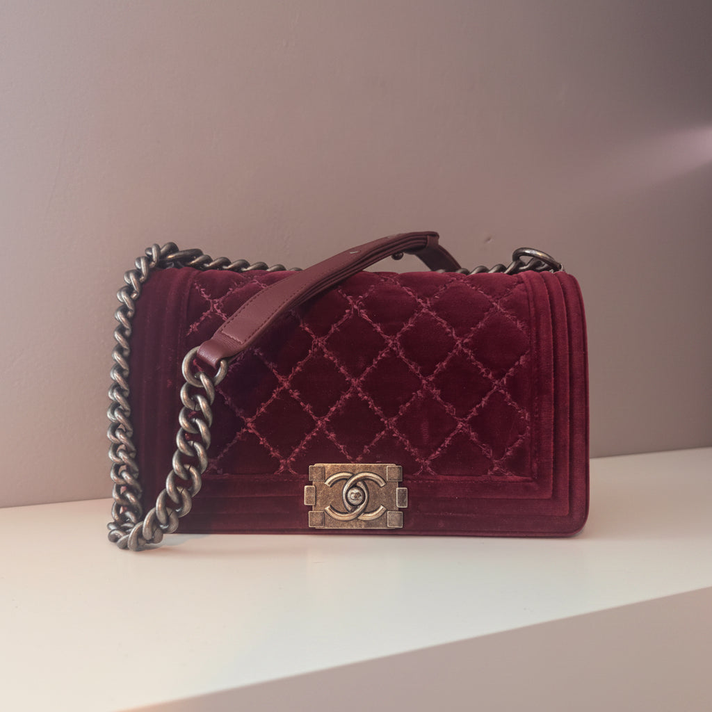 Chanel Velvet Tweed Quilted Medium Boy Flap Burgundy