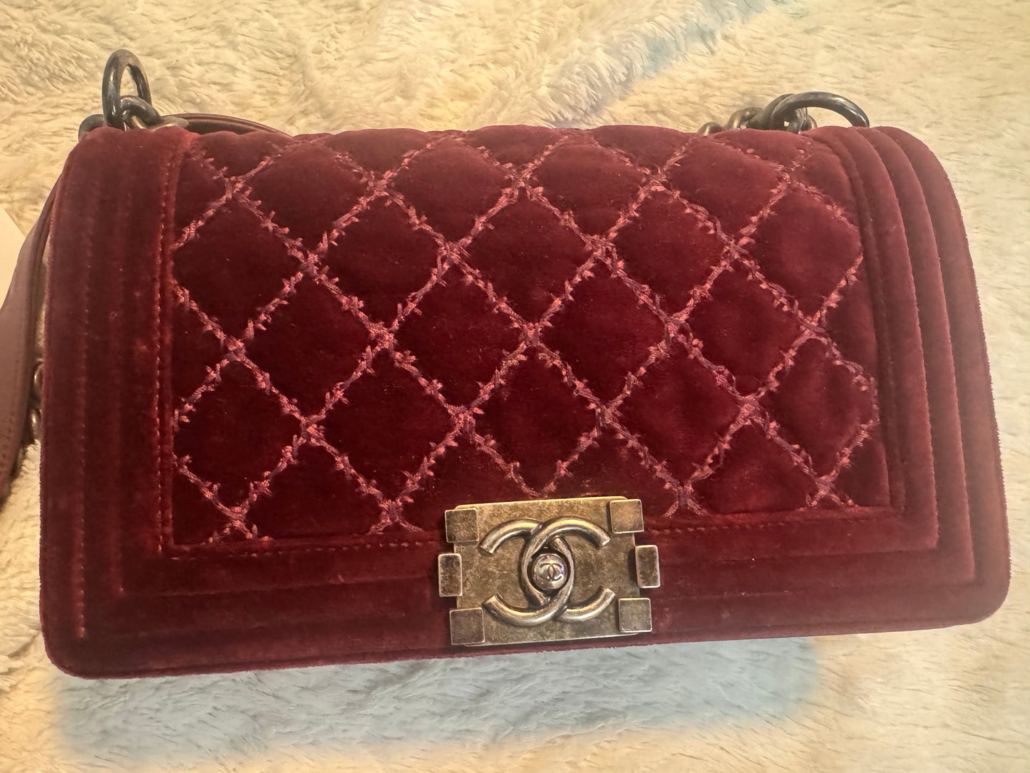 Chanel Velvet Tweed Quilted Medium Boy Flap Burgundy