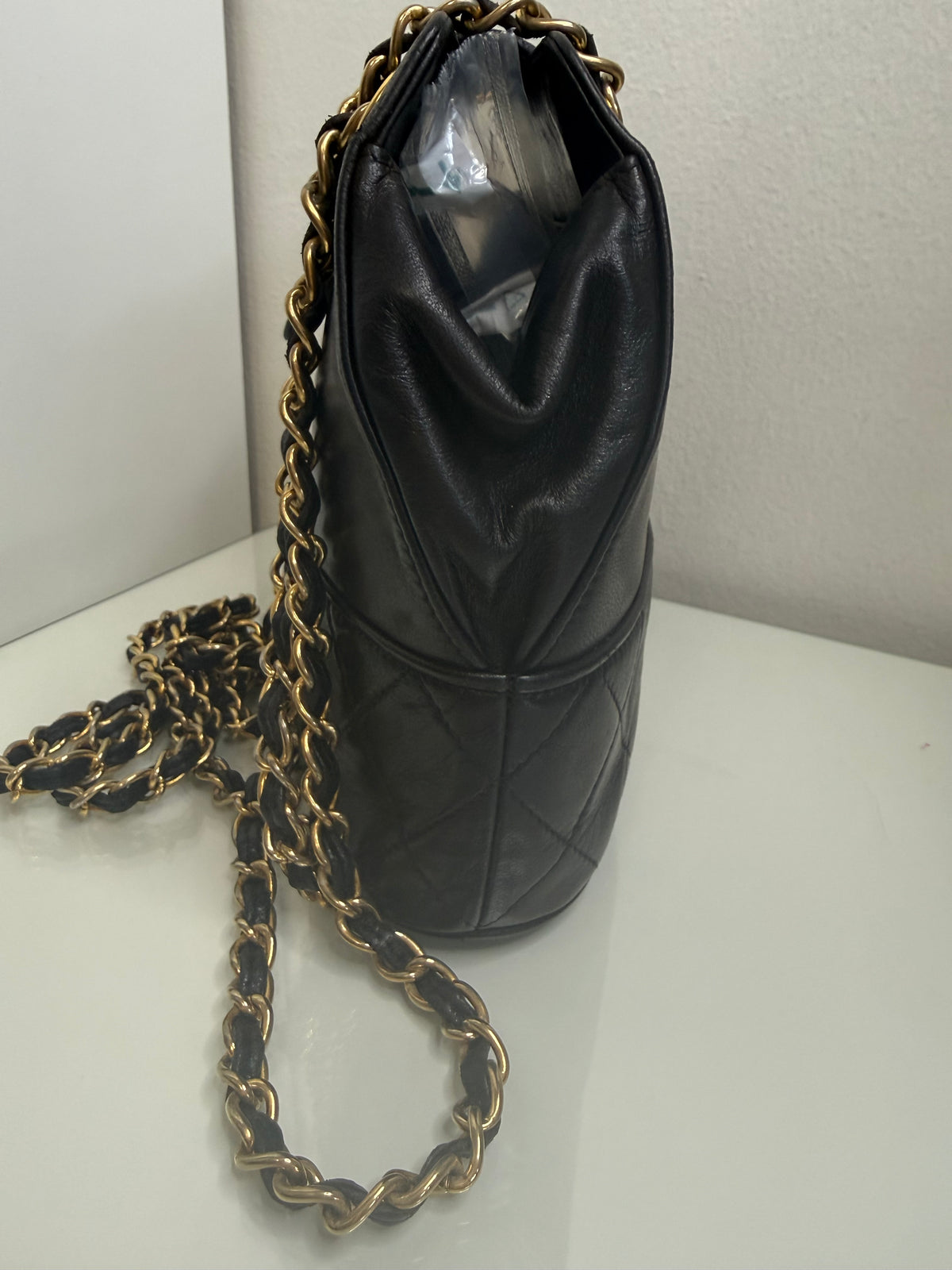 Chanel Vintage Black Lambskin Quilted CC Tassel Bucket Shoulder Bag