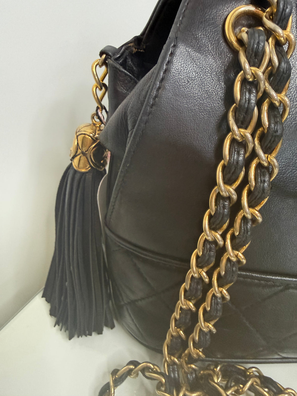 Chanel Vintage Black Lambskin Quilted CC Tassel Bucket Shoulder Bag