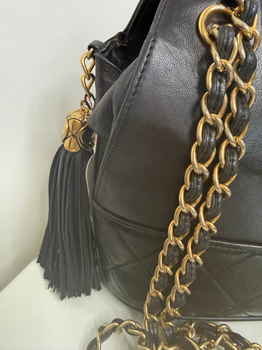 Chanel Vintage Black Lambskin Quilted CC Tassel Bucket Shoulder Bag