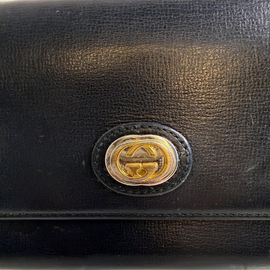 Gucci Long Black Leather Wallet with 2 tone interlocking GG hardware