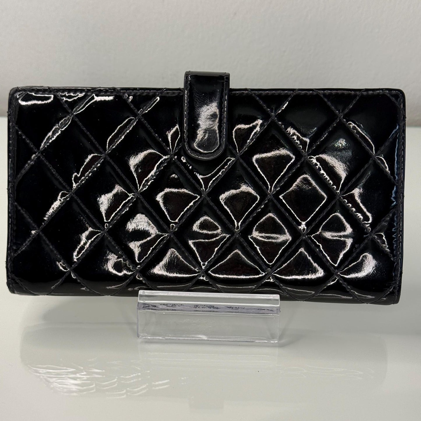 Chanel Black Patent Leather Quilted Flap Wallet