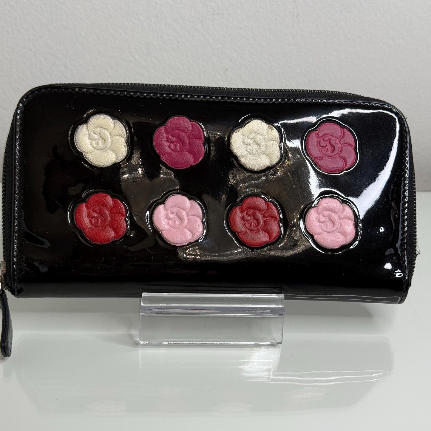 Chanel Black Patent Zipper Long Wallet with flowers