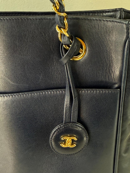 Chanel Vintage Navy Blue Lambskin Quilted Gold Chain Tote Bag