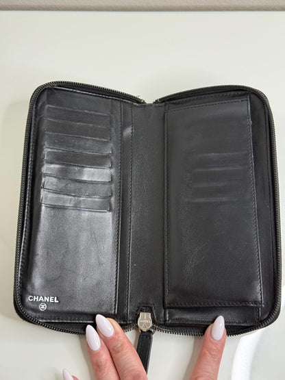 Chanel Black Patent Zipper Long Wallet with flowers