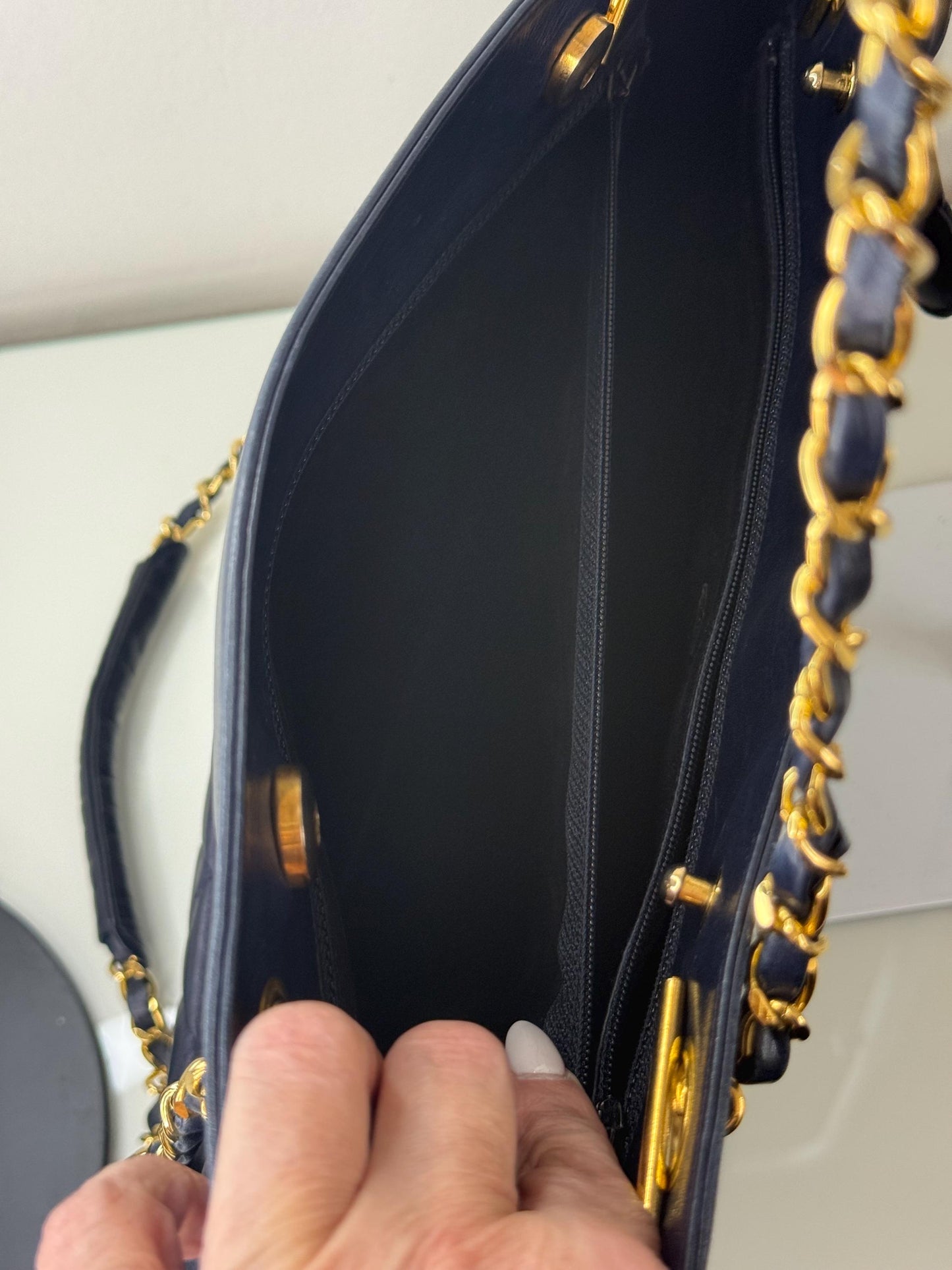 Chanel Vintage Navy Blue Lambskin Quilted Gold Chain Tote Bag