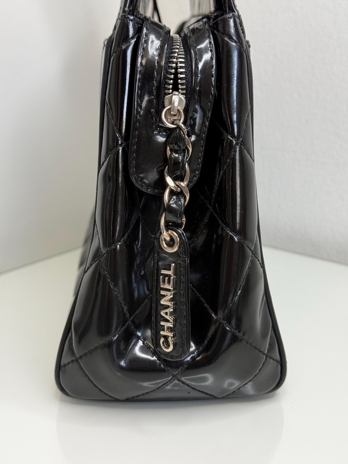 Chanel Black Patent Diamond Quilt Mini Tote Bag
