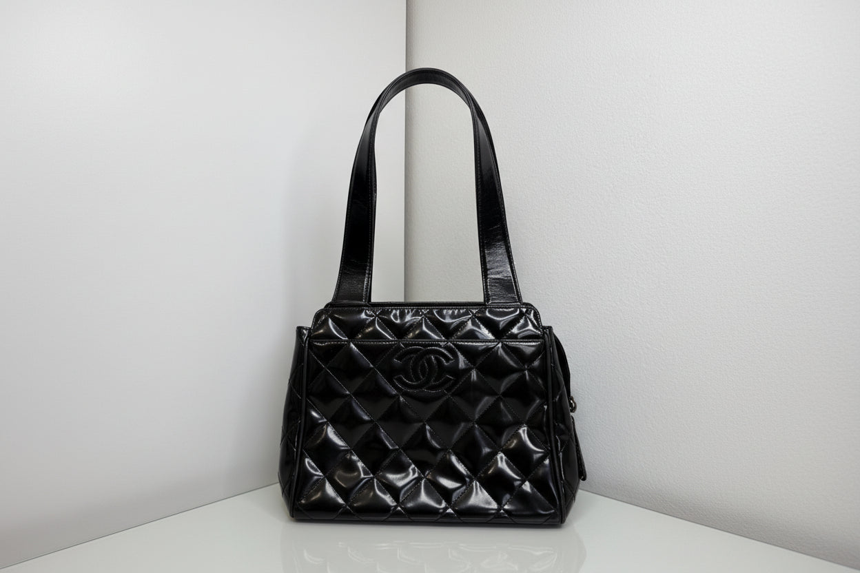 Chanel Black Patent Diamond Quilt Mini Tote Bag